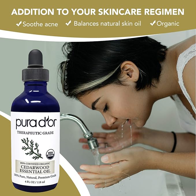 PURA D'OR Organic Cedarwood Essential Oil (4oz with Glass Dropper) 100% Pure & Natural Therapeutic Grade for Hair, Body, Skin, Aromatherapy Diffuser, Relaxation, Massage, Odors, Home, DIY Soap