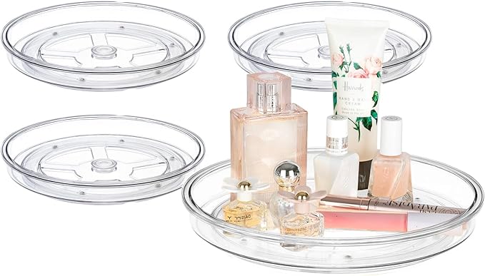 primebox 9.4" Lazy Susan Organizer. 360 Degree Rotating Turntable for Cabinets, Fridge, Pantry, Bathroom, Under Sink Organizing, Vanity, Countertops, Organizer for Spices Clear 4 Pack