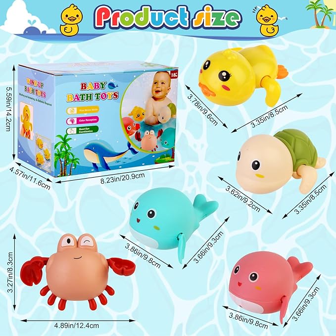 Baby Bath Toys 5 Pcs Set,Wind Up Bath Toys for Toddlers,Bathtub Toys for Kids,Dolphins,Crabs,Turtles,Ducks Floating Water Toys,Swimming Pools Toys for Boys Girls