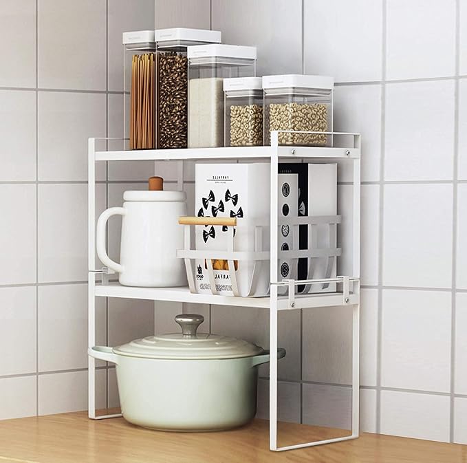 2 Pack Kitchen Cabinet Shelf Counter Organizer Rack Pantry Storage Bathroom Bedroom Office Table Desk Space Saving Steel Frame Stackable Rust Resistant Non Slip White