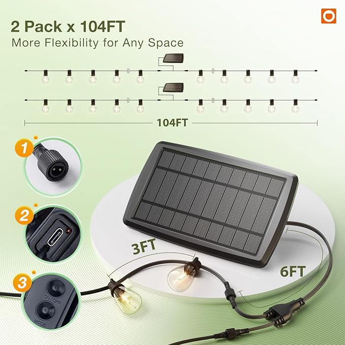 addlon 2 Pack*102FT(96+6) Solar String Lights Waterproof, Patio Lights Solar Powered with Remote & USB Port, 3 Lighting Modes 60+4 LED Shatterproof Bulbs Outdoor Light for Camping Backyard Garden