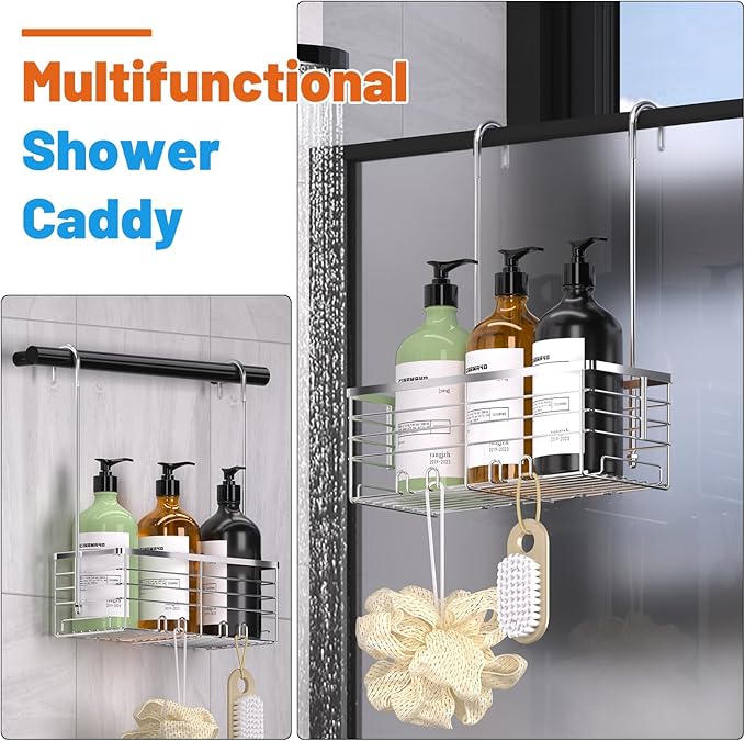 YUOROS Shower Caddy Hanging, Over the Door Shower Organizer Rack 304 Stainless Steel Rustproof (Silver)