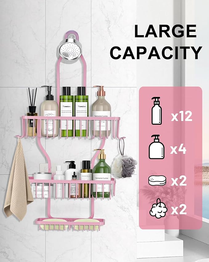 Pink Shower Caddy for Bathroom - Never Rust Hanging Shower Organizer with Soap Basket and Hooks - Large Capacity 3 Tier Aluminum Over The Showerhead Caddy