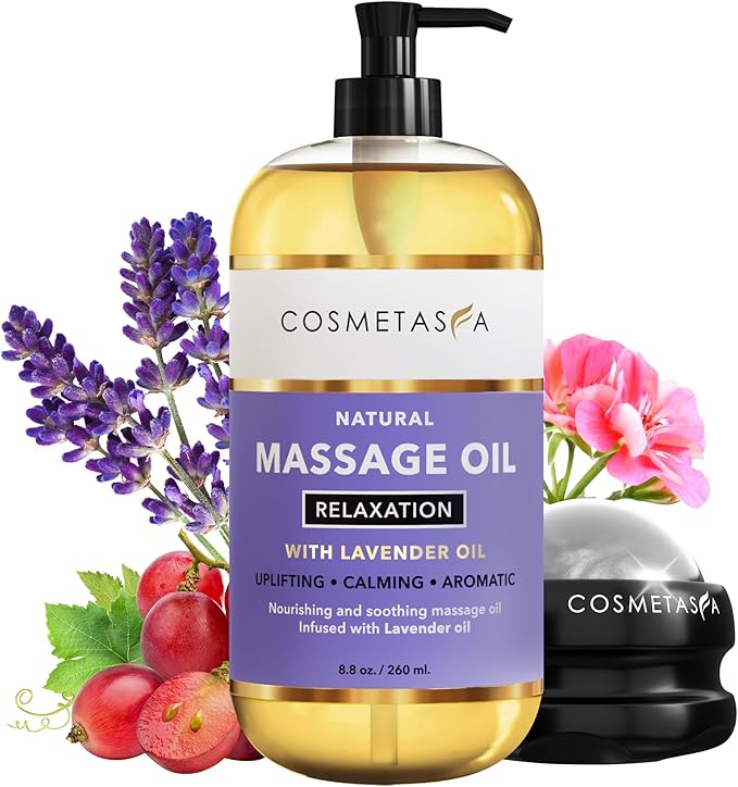 Cosmetasa Lavender Massage Oil for Massage Therapy with Roller - All Natural, Cruelty-Free & Spa Quality Skin Therapy Oil & Soothing Care - Lavender, Geranium & Grapeseed Oil (8.8 oz)