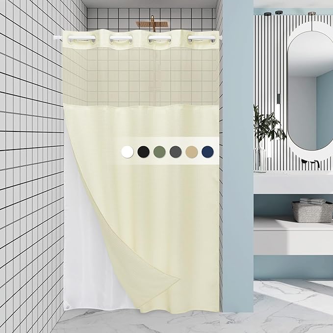 Ivory Stall Hotel Shower Curtain with Detachable Liner - 230GSM Waffle Textured,Hotel Grade,Spa Like Bath Curtain,54W x 80H
