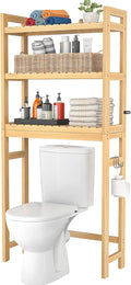 Homykic Over The Toilet Storage, 3-Tier Bamboo Bathroom Shelf with 3 Hooks, Above Toilet Organizer Rack Freestanding for Small Space, Restroom, Laundry, Easy Assembly, Natural