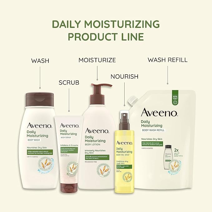Aveeno Daily Moisturizing Body Lotion, Body Lotion for Dry Skin with Prebiotic Oat, Paraben Free, Fragrance Free, Non-Greasy, Non-Comedogenic Moisturizer, 18 FL OZ