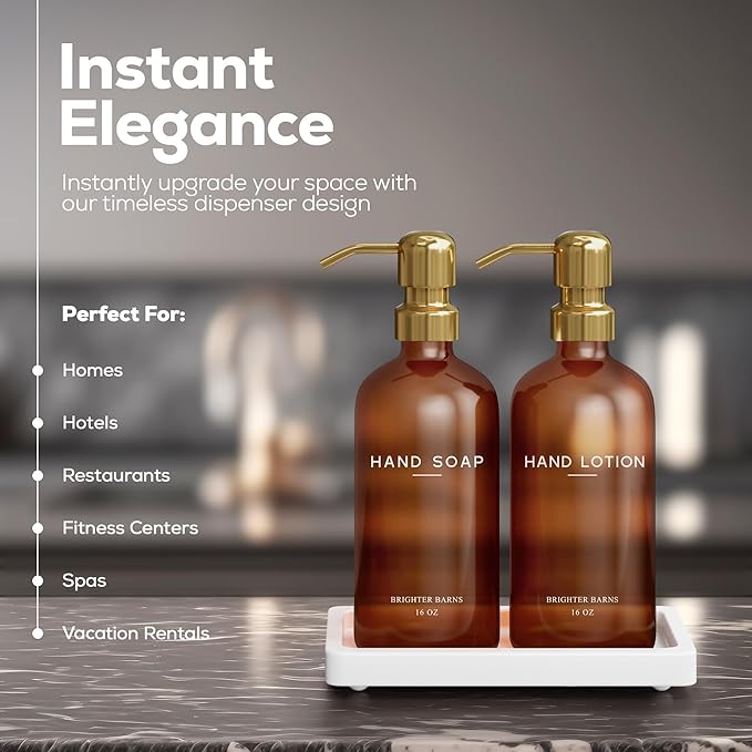 Luxury Glass Soap and Lotion Dispenser Set with Tray by Brighter Barns - Hand Soap Dispenser Bathroom Set w/Stainless Steel Pump - Gold Bathroom Decor for Guest House, Airbnb, Spa, Gift (Amber/Gold)