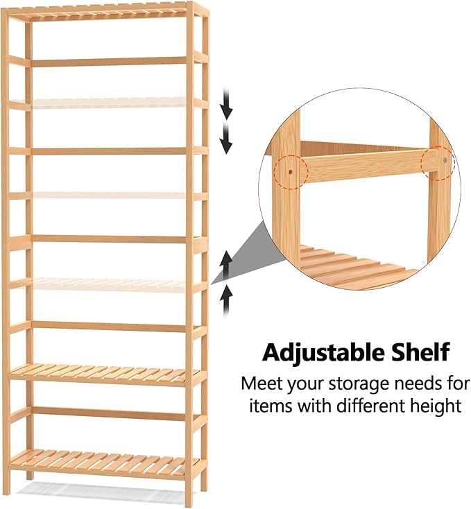 VASMIA 6-Tier Bamboo Shelf,Bamboo Storage Shelving Unit,Tall Bookcase with Adjustable Shelves,Multipurpose Storage Display Shelf for Bathroom, Living