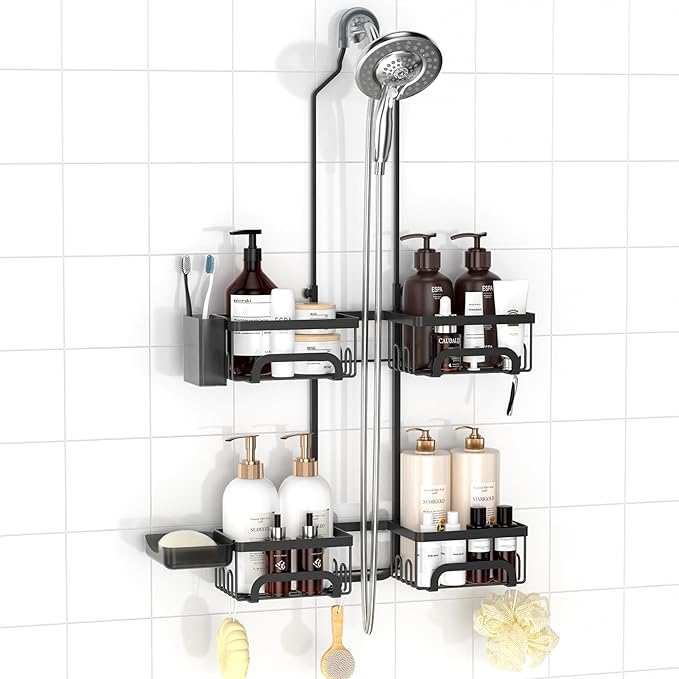 REINHARDT Shower Caddy Hanging for Handheld Showerheads Adjustable Split Shower Caddy, Rustproof Shower Organizer with Hooks for Razors Over the Head Caddy with Soap Holder Bathroom Accessories, Black