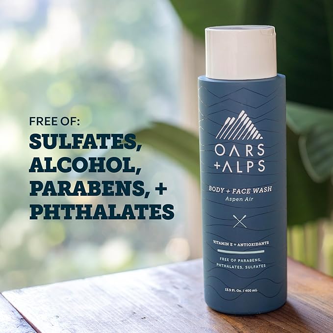 Oars + Alps Body and Face Wash for Men, Mens Body Wash & Face Cleanser with Vitamin E and Antioxidants, Moisturizing, Hydrating, Paraben & Sulfate Free Cleanser, Aspen Air, 2pk