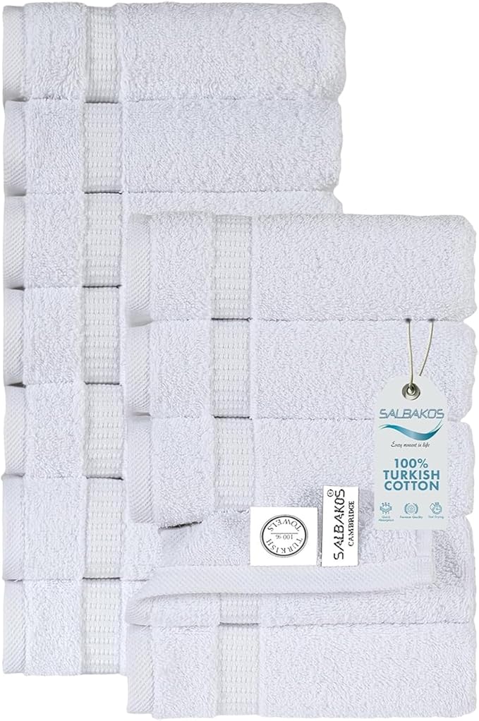 SALBAKOS 100% Turkish Cotton Washcloth Set of 12 13x13 inch | Heirloom Quality | Hotel & Spa Collection | Ultra Soft, Super Absorbent, Washcloth Towels | Made in Turkey (White, 12 Washcloths)