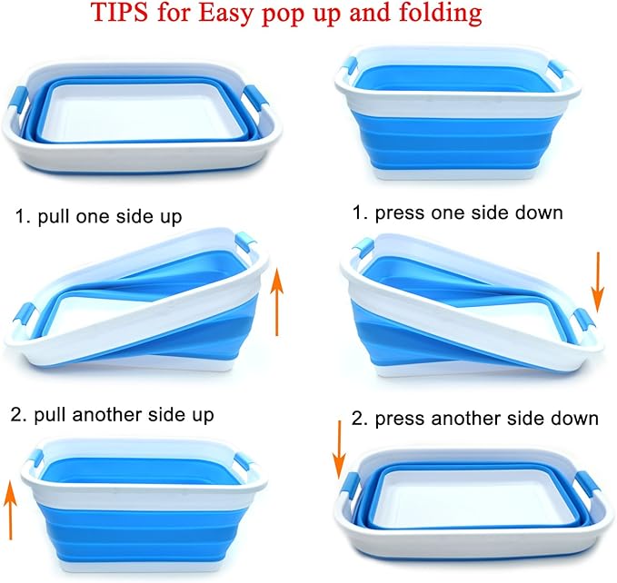 SAMMART Set of 2-41L(10.8 gallon) Collapsible Plastic Laundry Basket-Pop Up Storage Container-Portable Washing Tub-Space Saving Hamper/Basket, Water capacity:32L(8.4 gallon) (2 rectangular, Sky Blue)