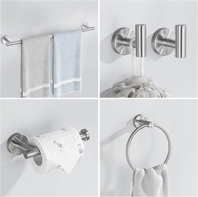 Bathroom Hardware Set, 4-Piece Towel Bar Set Brushed Nickel Towel Holder Set Includes 19.68 in Towel Bar,Toilet Paper Holder,Towel Ring and Towel Hook Wall Mount Bathroom Accessories Set