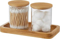 Glass Qtip Holder with Vanity Tray, Apothecary Jars Bathroom Accessories Bathroom Canisters Organizer Countertop Q Tip Holder for Cotton Ball Round Swab Pad Hair Ties Floss Perfume Jewelry