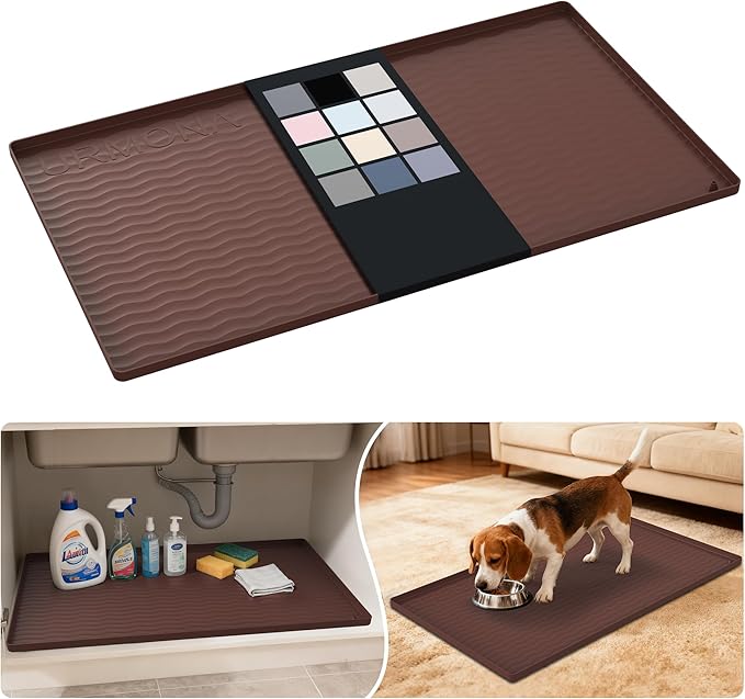 URMONA Waterproof Silicone Under Sink Mat 34'' x 19'' Shelf Liner for Kitchen and Bathroom, Cabinet and Counter Protector, Storage and Organizers, Litter Mat, Pet Cat Puppy Essentials(Brown )