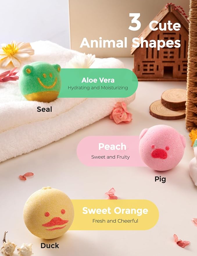 Momcozy Natural&Organic Essential Oil Bath Bombs,3 Pcs Bubble Bath Fizzy Balls with 3 Cute Shapes,Bath Bombs Gift Set for Kids Girls Boys Toddler, Ideal Gift for Birthday, Bath Bomb Kit