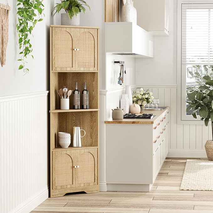 67''H Tall Corner Cabinet with Handmade Rattan Door, Rattan Storage Cabinet with Adjustable Shelves, Corner Bookshelf Space Saver for Barthroom, Kitchen, Natural