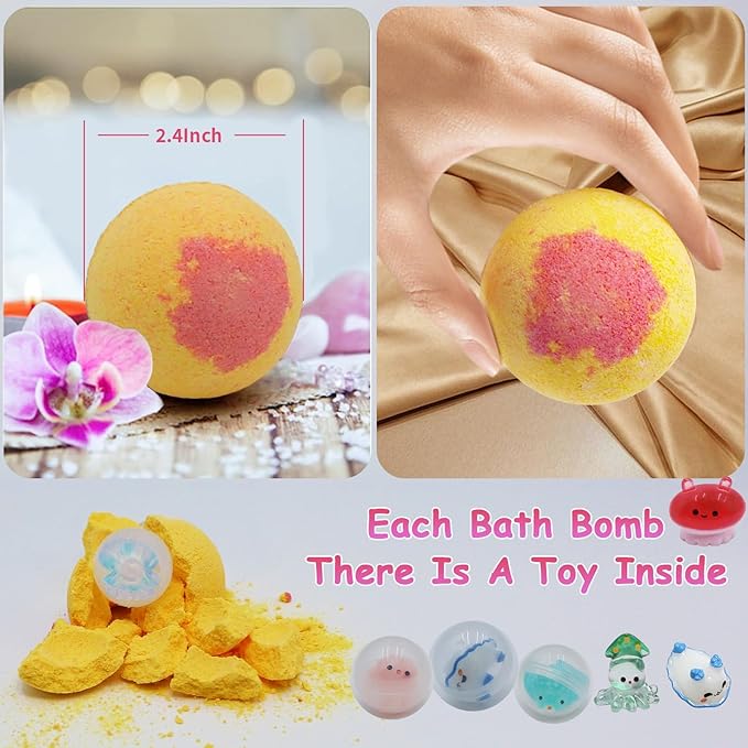 Bath Bombs for Kids with Surprise Inside for Girls Boys, 12 Pack Kids Bath Bombs with 12 Unique Sea Animal Toys, Kid Safe Handmade Bubble Bath Fizzies Bomb for Easter Eggs Birthday Christmas