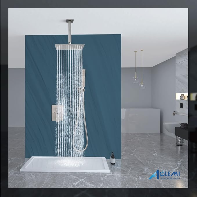 Aolemi Ceiling Mount Shower System Rain Shower Head with Handheld Spray High Pressure Shower Faucet Set Rough-in Valve Shower Trim Kit Included Bathroom Brushed Nickel 12 Inch Ceiling Shower Head