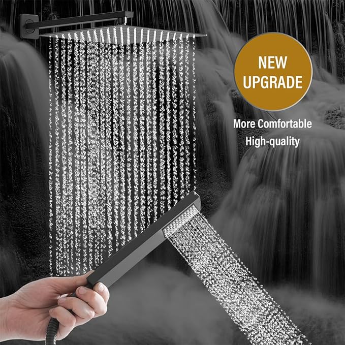 Shower Faucet Set Rain Shower System Matte Black with High Pressure 10-Inch Shower Head Handheld Square Shower Head Bathroom Luxury Rain Shower Faucet Shower Complete Combo Kit Wall Mounted