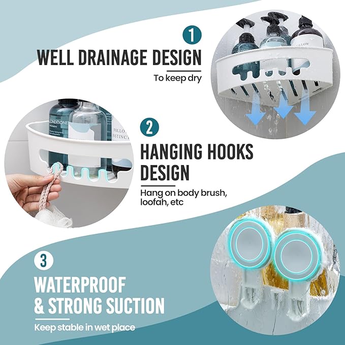 TAILI Corner Shower Caddy with Suction Cups, Wall Mounted Organizer Plastic Rack for Small Bathrooms, Kitchen, Removable Drill-Free Heavy Duty Shelf Basket, White