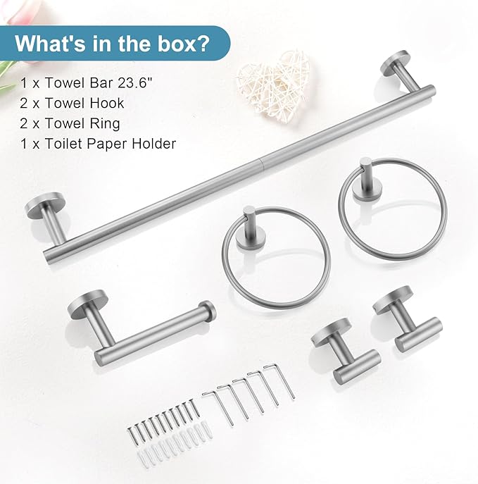 TQKAG Brushed Nickel Bathroom Hardware Set 6-Piece Bathroom Accessory Set 23.6 Inch Round Stainless Steel Towel Bar Set Wall Mounted