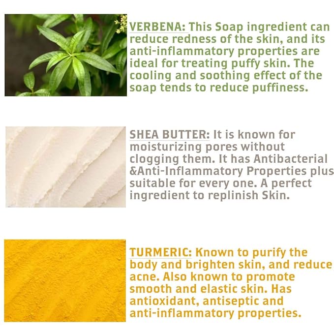 Olivia Care Moisturizing Bar Soap Pack by 100% Natural & Organic Infused with Verbena, Shea Butter & Turmeric Deep Clean, Refreshing, Moisturizing & Hydrating Verbena Shea (Pack of 3)