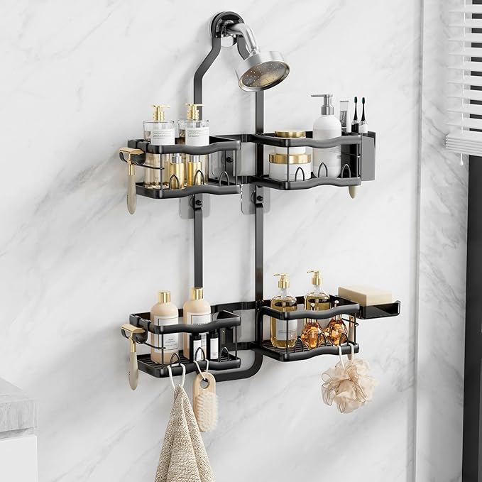 Shower Caddy Hanging Shower Head,Rustproof Hanging Shower Caddy Over Showerhead Bathroom Shower Caddies Shelf Organizer Rack For Sponge,Shampoo,Soap Storage,With Razor-Hooks,Black