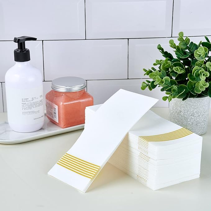 LITOPAK 300 Pack Disposable Guest Towels, Disposable Hand Towels for Bathroom, Paper Dinner Napkins for the Kitchen, Soft, Party Napkins, and Wedding Napkins(Gold)