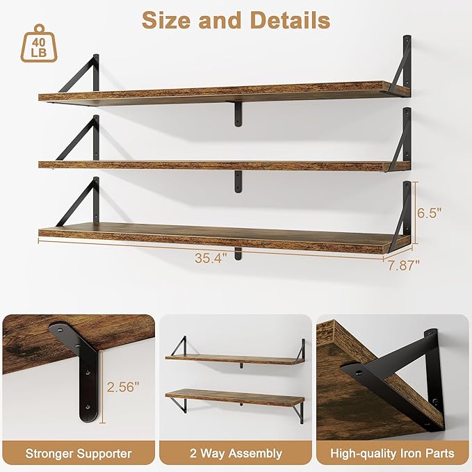 Fun Memories Floating Shelves for Wall, 36 Inches Long Set of 3 Wall Shelves for Bedroom, Floating Bookshelves with Metal Brackets for Living Room, Kitchen, Bedroom and Laundry Room (Rustic Brown)
