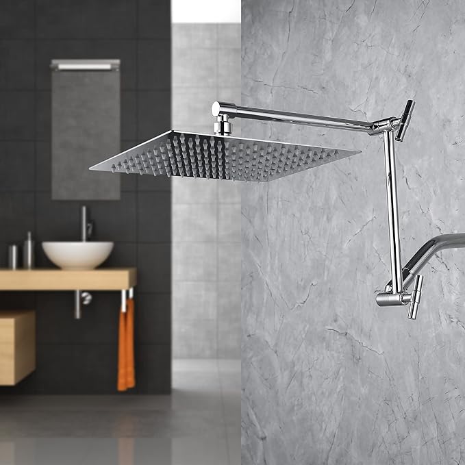 Chrome Shower Arm Extension - 13'' Adjustable Height & Range, Universal Connector, Locking Nuts