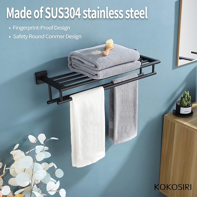 KOKOSIRI Bath Towel Rack with Double Towel Bars Bathroom Towel Shelf 24 Inch Towel Holder Wall Mounted Stainless Steel, Matte Black, B6005BK-L24