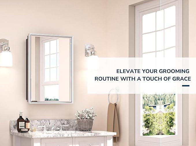 TETOTE Medicine Cabinet with Mirror 17 x 25 Inch Brushed Silver for Bathroom Aluminum Framed Surface or Recessed Wall-Mounted Medicine Cabinets Beveled Mirror with Storage 1 Door Modern Farmhouse