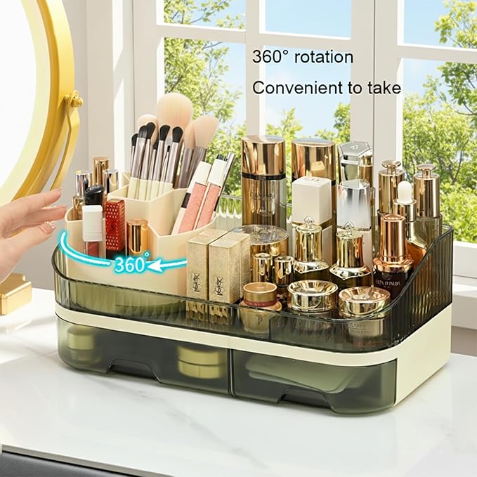 Large Plastic Makeup Organizer with Rotating Brush Holder for Vanity - Bathroom Countertop Skin Care Storage, Easy for Lipsticks, Nail Polishes, Perfumes & Eyeshadow Palettes