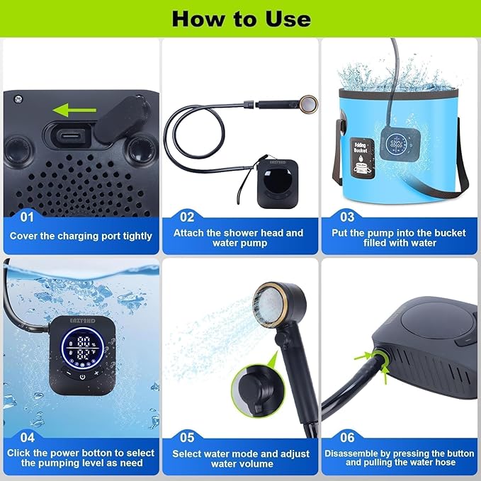 Eazy2hD Portable Camping Shower 8000mAh Rechargeable Outdoor Shower Pump, 4 Spray Modes, IPX8 Waterproof for Camping, Hiking, Pet Bath,Car Washing,Surf & Boat Cleaning (Shower Pump With Bucket)