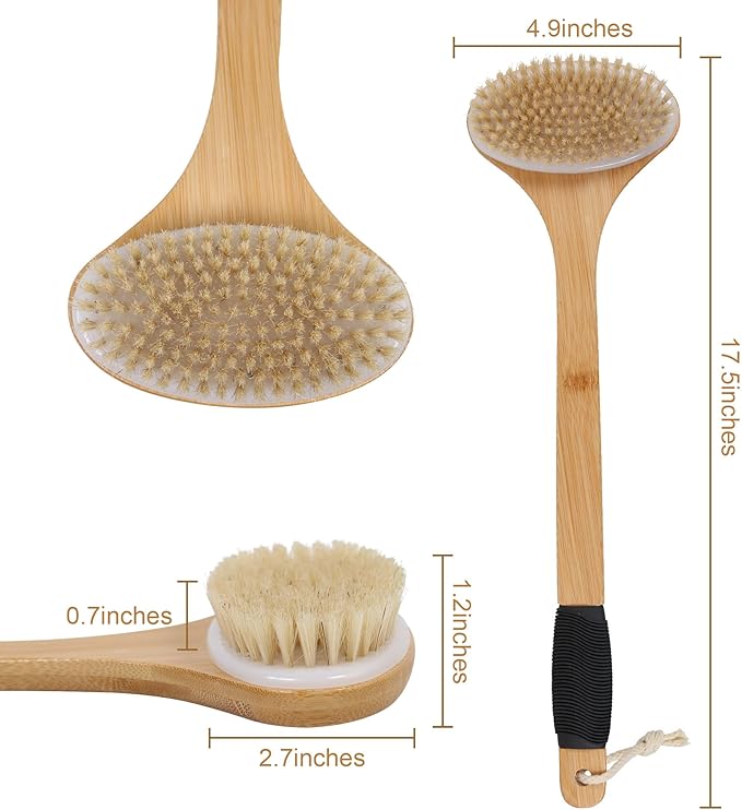 OWIIZI Back Scrub Brush for Shower,Stiff Boar Bristles Bamboo Curved Long Handle Antiskid Body Bath Brush for Back Use Wet or Dry,Deep Cleanse Large Surface Back Scrubber