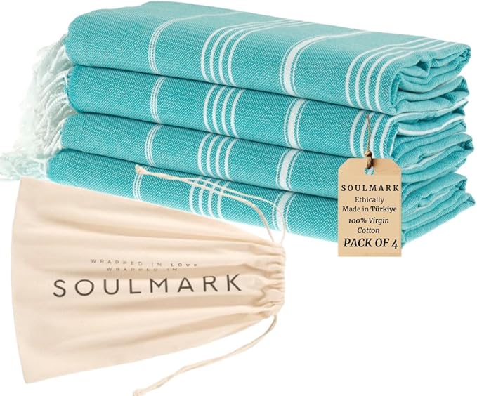 SOULMARK 100% Cotton Turkish Beach Towel with Bag - 38"x71" - 4 Pack - Made in Green & Oeko TEX Certified - Pre-Washed & Sand Free - Quick Dry and Lightweight for Travel - Made in Turkey - Mint Green