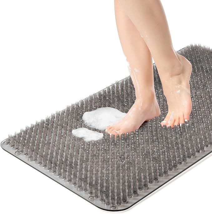 OTHWAY Non Slip Grassy Bathtub Mat : 27.5X15.7 inches Sturdy But Soft Bath Mat_Quick Drain Shower Floor Mat with Soft Bristles for Scrubbing Feet (Dark Grey)