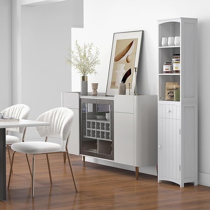HOMCOM Bathroom Storage Cabinet, Free Standing Bathroom Storage Unit, Tall Linen Tower with 3-Tier Shelves and Drawer, White