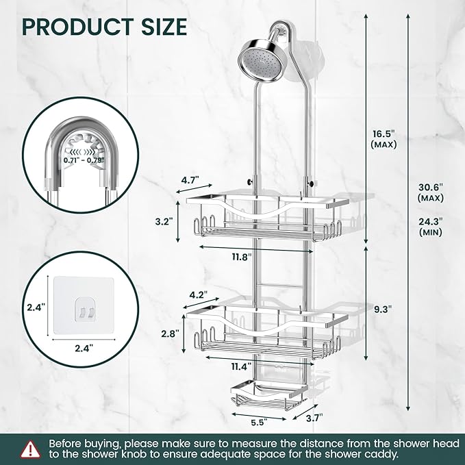 Shower Caddy Hanging Adjustable Shower Caddy, Rustproof Shower Organizer Extended Length Showers Caddy Over Shower Head with Hooks Soap Holder, Large Capacity Anti-Swing Bathroom Organizer, Silver
