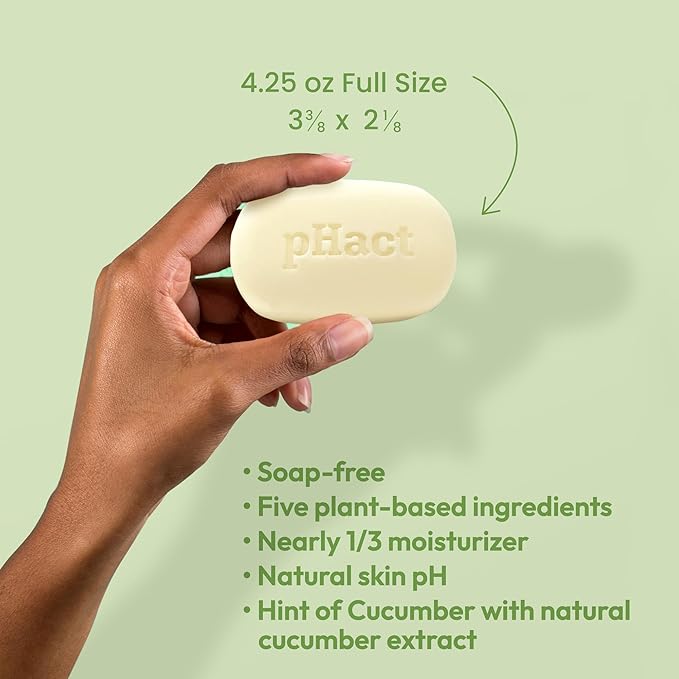 ANDREW LESSMAN pHact Moisture-Rich, Soap-Free Cleansing Bar Cucumber. Natural Skin pH. All Skin Types - Even Sensitive Skin. Hypoallergenic. Dermatologist Tested. 3 - Pack 4.25 oz each
