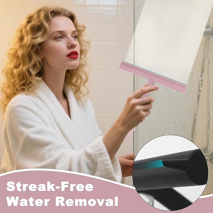 Squeegee for Shower Glass Doors, Resilient Loop - No-Drill & Adhesive Hook, Silicone Shower Squeegee with Stainless Steel Core, Cleaning Tool for Home, Kitchen, Bathroom & Car - Pink