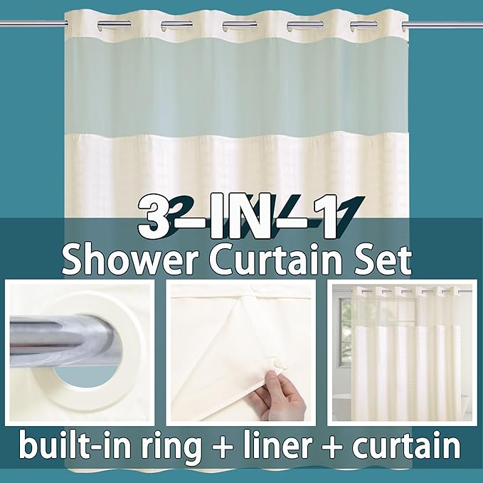 Conbo Mio Extra Wide No Hook Shower Curtain with Snap in Liner Set, 108" x 74" Hotel Luxury Beige Shower Curtains for Bathroom with See Through Top Window, Waterproof, Washable 108W x 74H