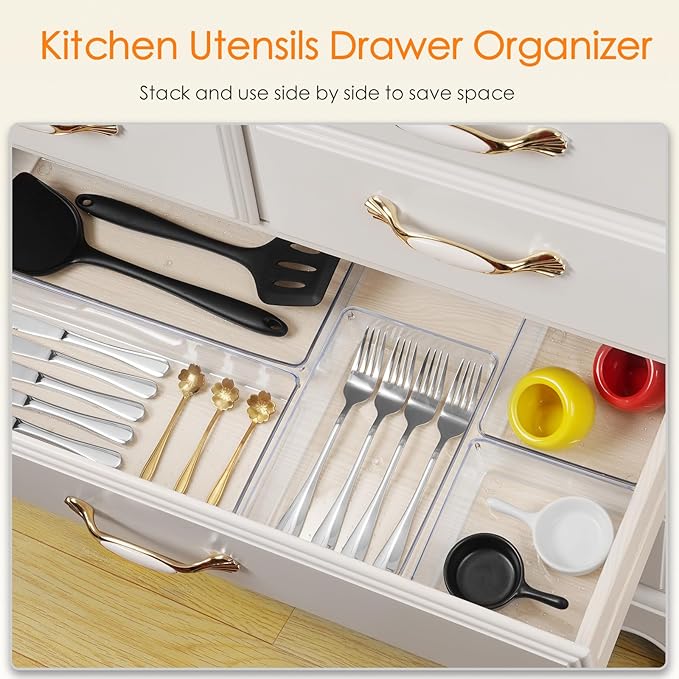 Criusia Drawer Organizer, 18 Pack Large Clear Plastic Kitchen Drawer Organizers Set, 6 Size Versatile Bathroom and Vanity Drawer Organizer Trays, Storage Bins for Makeup, Bedroom, Kitchen Utensils