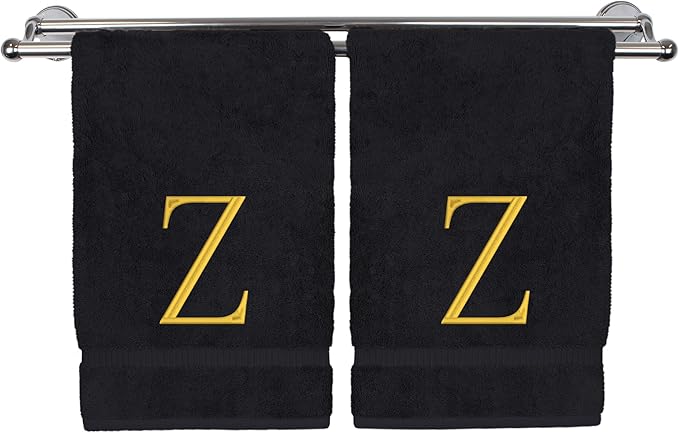 Monogrammed Hand Towel, Personalized Initial Gift, Extra Absorbent 100% Turkish Cotton - Soft Terry Finish - Set of 2 - Gold Block Initial Z - Embroidered on Black Towels