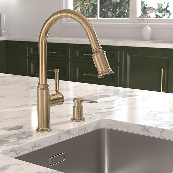 Lava Odoro Champagne Gold Soap Dispenser for Kitchen Sink, Modern Brass Built in Countertop Pump Dispenser with 18 Oz Refillable Bottle, Kitchen Soap Dispenser Spot-Free, Champagne Gold, KSD-21