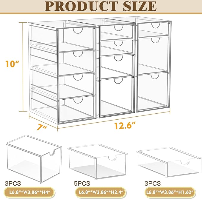 Arcylic Makeup Organzier with 11 Drawers, Clear Storage Drawers, Bathroom Makeup Organizer for Palettes, Cosmetic, and Beauty Supplies,Ideal for Vanity, Cabinet,Desk Organization