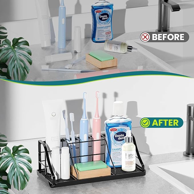 Toothbrush Holders Set with 2 Pack Qtip Holder Dispenser, Kids Electric Toothbrush and Toothpaste Holder, 7 Slots Tooth Brushing Holder for Bathroom Sink Countertop Organizer and Storage Accessories