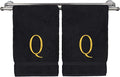 Monogrammed Hand Towel, Personalized Initial Gift, Extra Absorbent 100% Turkish Cotton - Soft Terry Finish - Set of 2 - Gold Block Initial Q - Embroidered on Black Towels